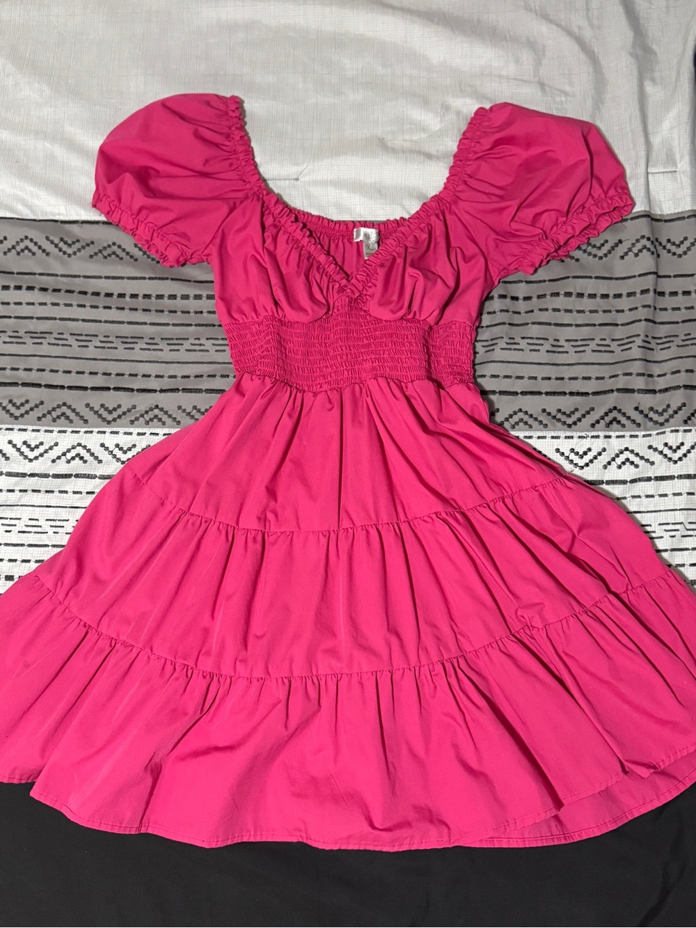 Bright Pink Puff Sleeve Tiered Dress